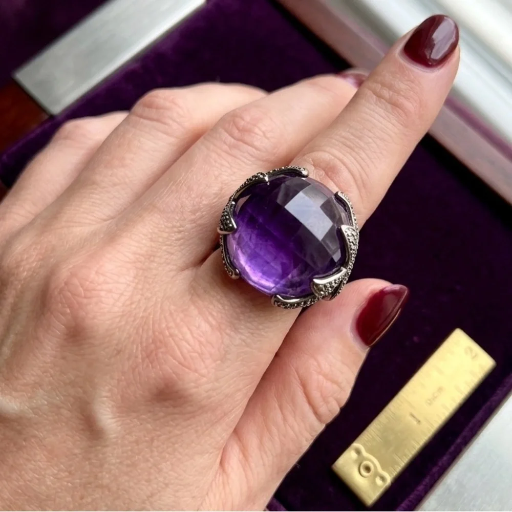 925 Sterling Silver Royal Purple Amethyst Cocktail Ring Size 9 Checkerboard Cut - Picture 1 of 9